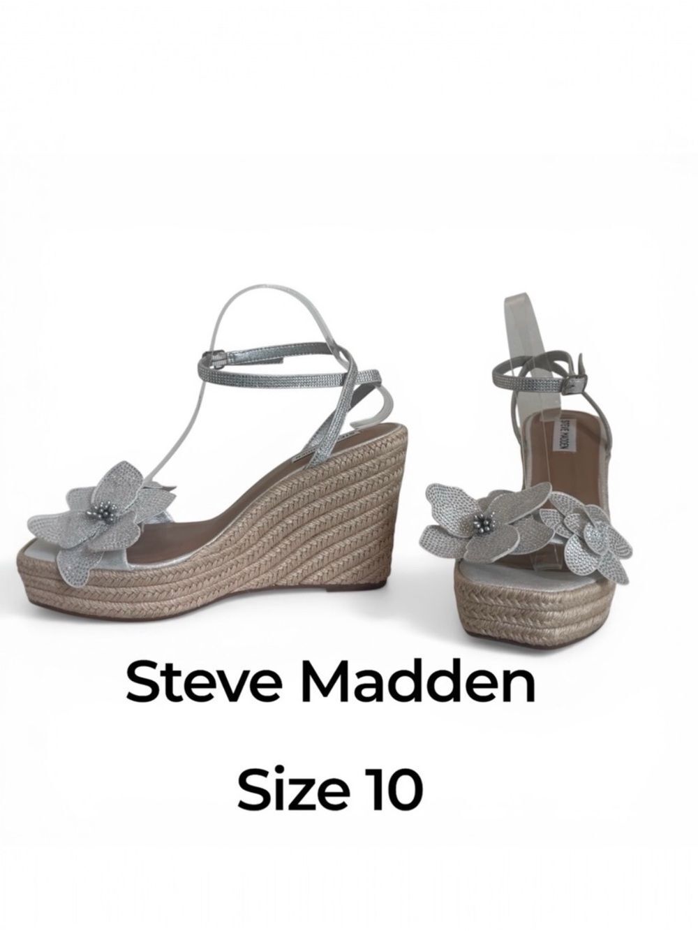 Steve Madden Silver Metallic Floral Platform Espridrile  Wedge Sandals Sz 10